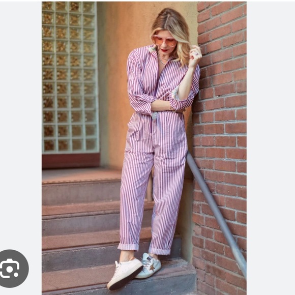 BURU Moms Only Jumpsuit in stripe outfit zip front floral details small S - Picture 1 of 7